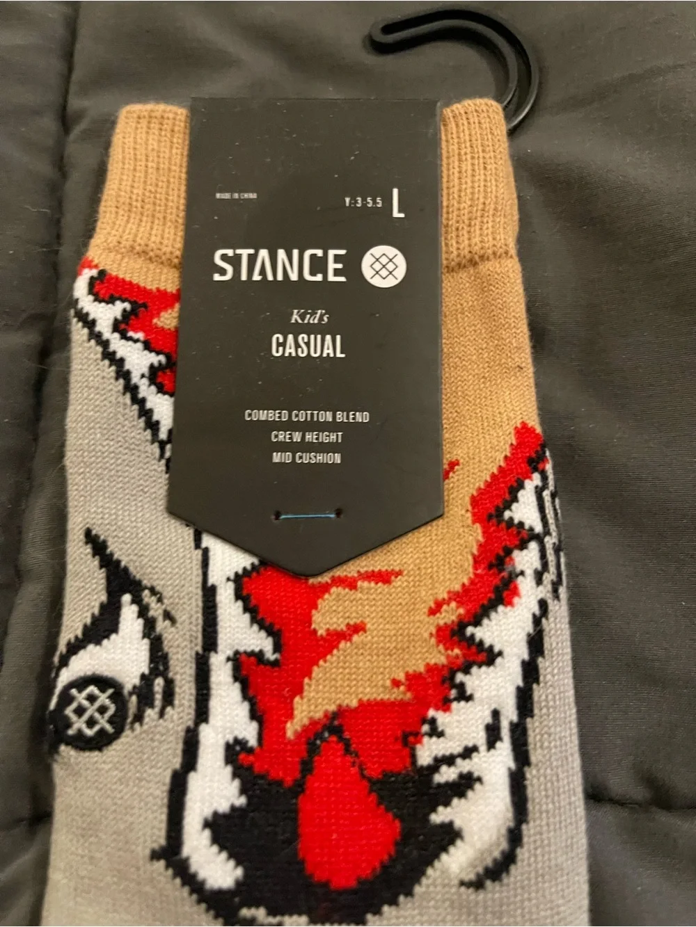 NWT Stance kid’s Grey, Tan & Black Crew Socks with Red Accent Graphic